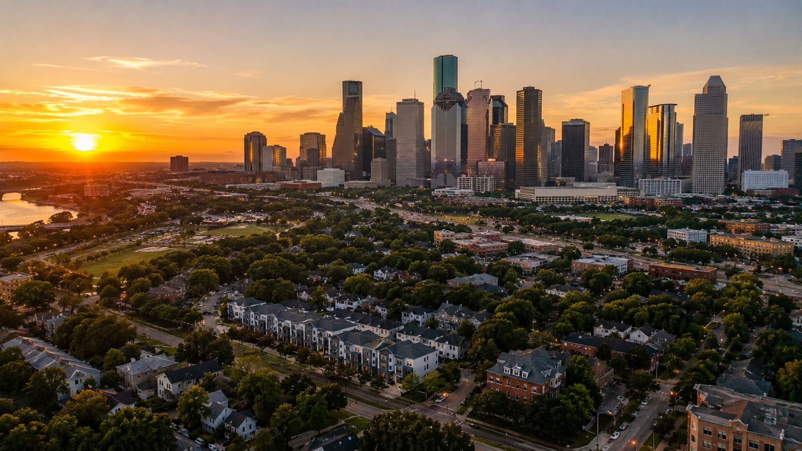 Downtown Houston skyline at sunset